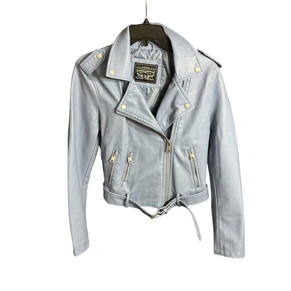 Levi's Belted Faux Leather Motorcycle Jacket Dusty Blue Size Small NWT - Picture 3 of 9
